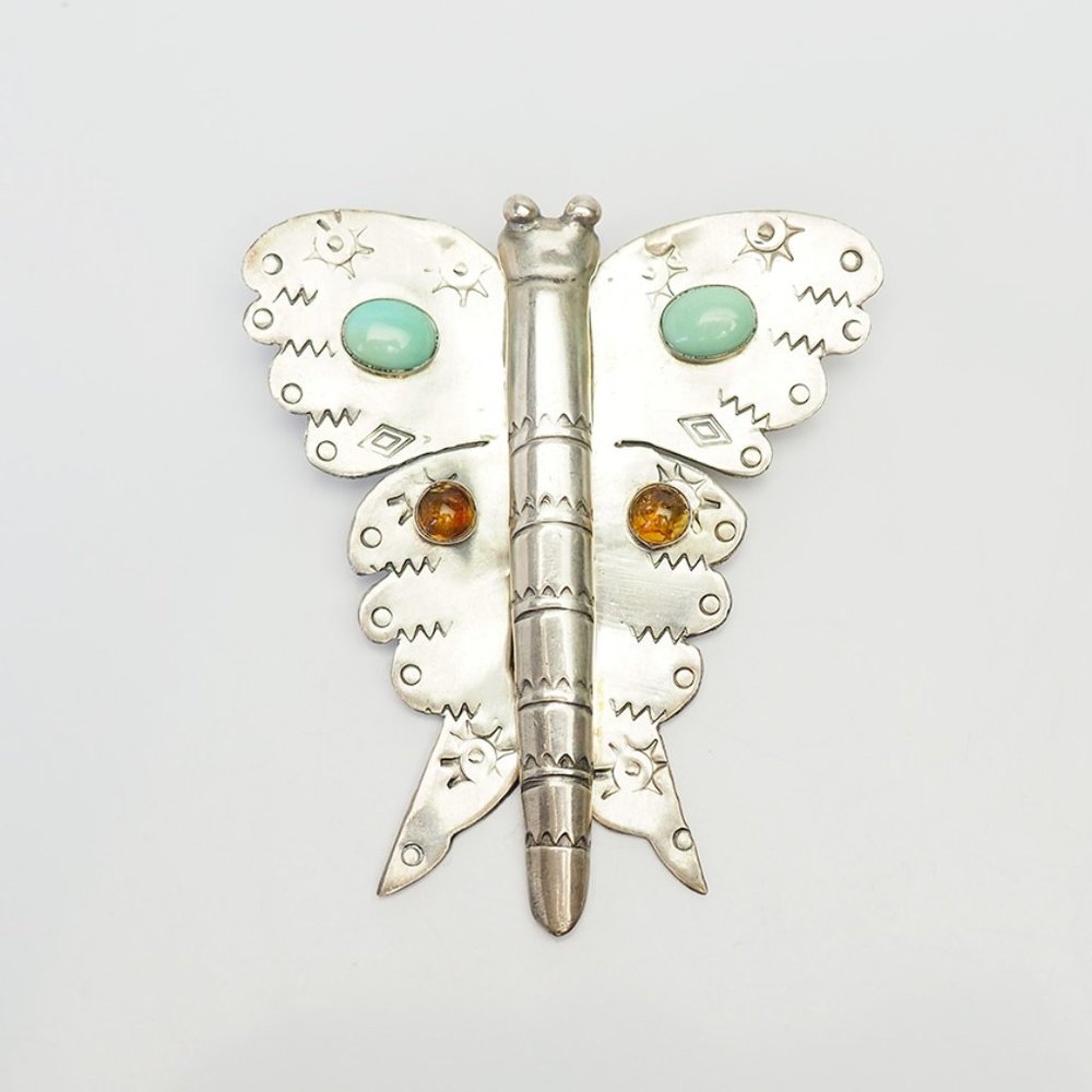 Butterfly moth large sterling silver gemstones pin pendant Echo of the Dreamer